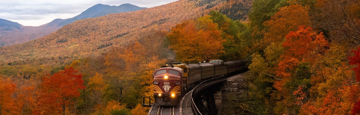 Train traveling through valley of brightly colored trees with autumns leaves on a crisp day. 