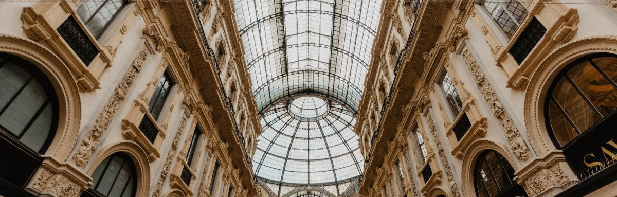 Detailed ceiling with skylit windows in Milan, Italy. 