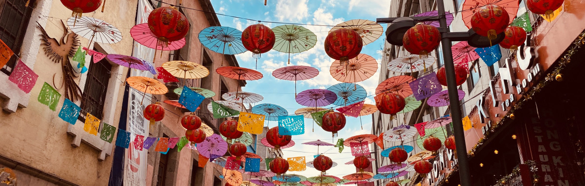 Hanging umbrellas in street in Mexico City